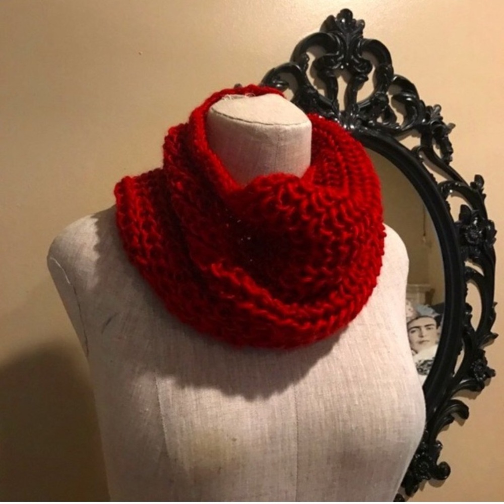 Cozy Cable Knit Mohair Yarn Red Infinity Scarf Snood - Soft  & Warm